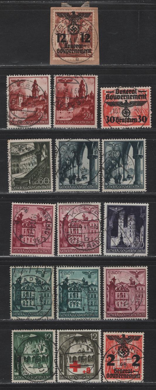 Lot 113 Poland SC#N33, N38, N41, NB1, N60, N63, N66, N69, N70-N72 2g on 5g - 12g+8g Red Brown - Olive Gray General Gov't, 1940 General Gov't -Semi Postal Issues, 11 Fine/Very Fine Used Singles, SON Town Cancels