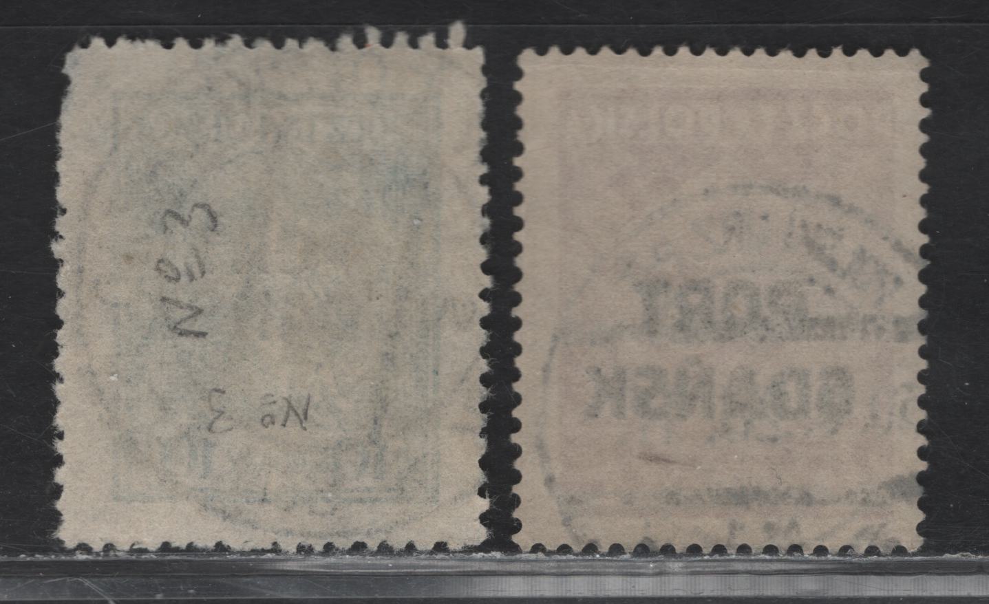 Lot 115 Poland SC#1k5, 1k18 10g - 25g Blue Green - Yellow Brown Offices in Danzig, 1925-1927 Offices in Danzig Overprinted Issue, 2 Very Fine Used Singles