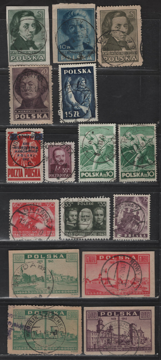 Lot 116 Poland SC#334, B54, 374, 376, 379, 403z, 412, 407, 412G, 414-415, 431-432, 444 25g - 55z Dull Violet - Violet Brown, 1938 Restoration of Teschen Territory - President Boleslaw Bierut Issues, 14 Very Fine Used Singles, All With SON CDS Town Cancels
