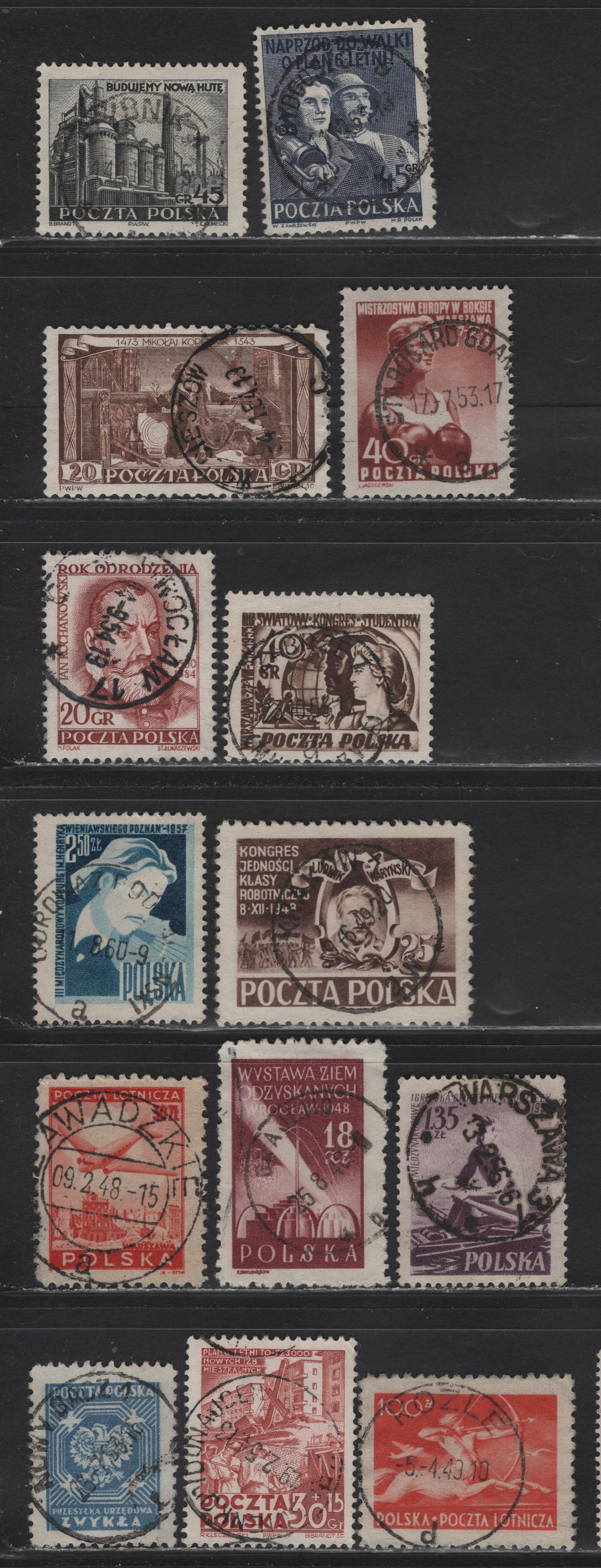 Lot 117 Poland SC#507A, 503, 575, 578, 584, 592, 447, 495, 703, 428, C18, C26, B68, O27 25z - 60g Brown - Blue Workers Congress - Official, 1948-1953 Workers Congress - Official Issues, 14 Very Fine Used Singles, All With SON CDS Town Cancels, No CTO