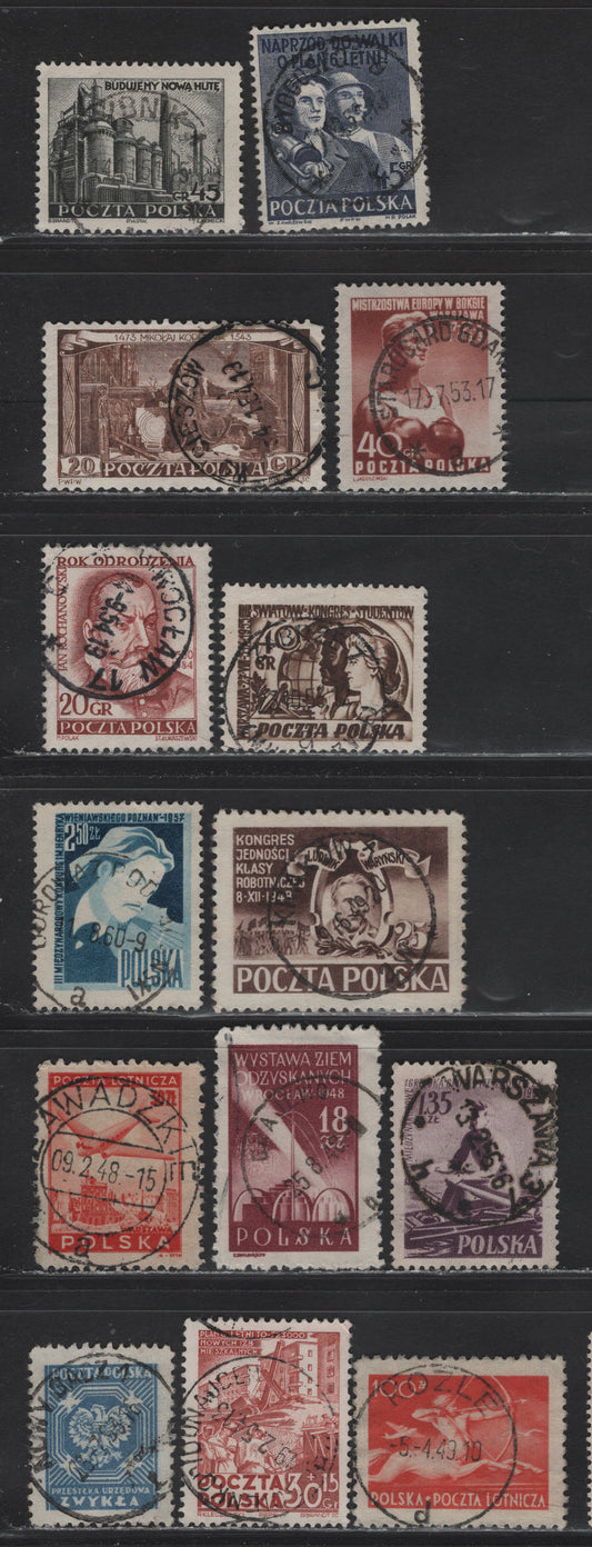 Lot 117 Poland SC#507A, 503, 575, 578, 584, 592, 447, 495, 703, 428, C18, C26, B68, O27 25z - 60g Brown - Blue Workers Congress - Official, 1948-1953 Workers Congress - Official Issues, 14 Very Fine Used Singles, All With SON CDS Town Cancels, No CTO