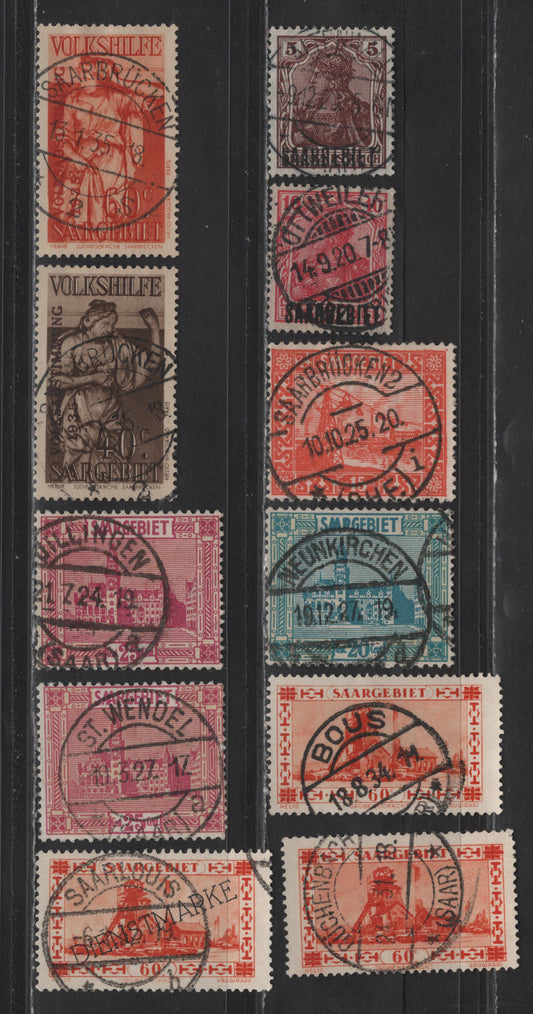 Lot 130 Saar (C)  SC#42-43, 103, 105, 107, 127, O23, B47-B48 5pf - 60pf Red Brown - Orange Germania, 1920-1934 Overprinted Germania - Official Overprinted Issues, 9 Fine/Very Fine Used Singles, SON CDS Cancels