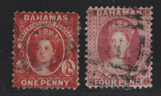 Lot 13 Bahamas SG#40-41 1d - 4d Scarlet Vermillion - Rose Queen Victoria, 1882 Queen Victoria Sideface Issue, 2 Very Good/Very Fine Used Singles, Perf 12, Crown CA Wmk, Large Thin On Back Of 1d.