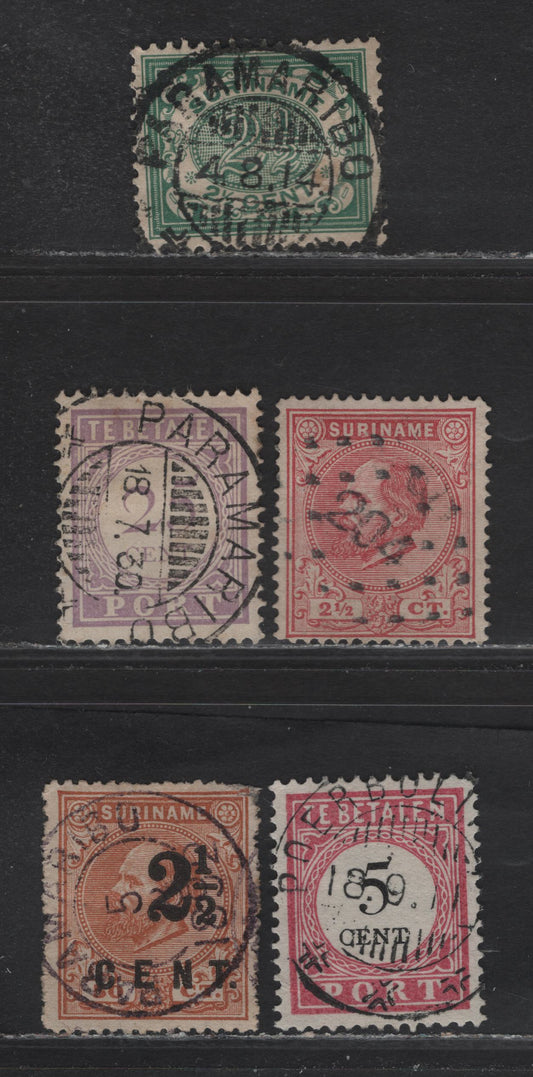 Surinam SC#3, 23d, 47, J10a, J27 2.5c - 25c Rose - Lilac King William III - Numeral, 1873-1931 King William III - Postage Due Issues, 5 Fine/Very Fine Used Singles, 5c Postage Due Is Type 1