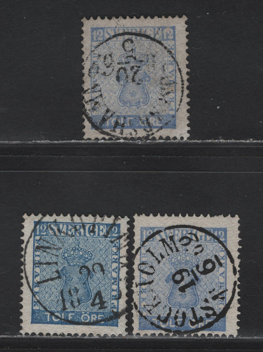 Lot 139 Sweden SC#8-9 12o Blue & Ultramarine Coat of Arms, 1858-1862 Coat of Arms Ore Denominated Issue, 2 Fine/Very Fine Used Singles, SON CDS Stockholm, Linkoping And One Other City I Quite Cant Make Out