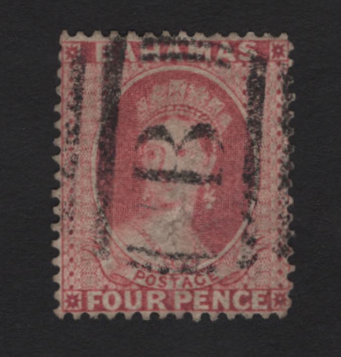 Lot 14 Bahamas SG#43 4d Rose Queen Victoria, 1882 Queen Victoria Sideface Issue, A Fine Used Single, Perf 14, Crown CA Wmk, Small Internal Wrinkle, Wmk Shifted That The Only Thing Visible Are Two Vertical Lines.
