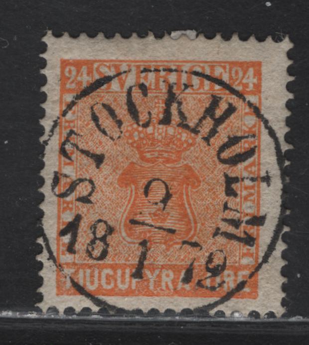 Lot 141 Sweden (C) SC#10 24o Reddish Orange Coat of Arms, 1858-1862 Coat of Arms Ore Denominated Issue, A Fine Used Single, January 18 1872 Stockhold CDS Cancel