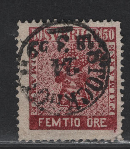 Lot 144 Sweden (C) SC#12b 50o Violet Tinged Dark Carmine Coat of Arms, 1858-1862 Coat of Arms Ore Denominated Issue, A Fine Used Single, SON March 18 1859 Stockholm CDS Cancel, Listed In Facit As 1858-1865 Printings