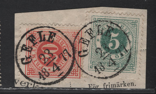Lot 146 Sweden (C) SC#19, 23b 5o - 20o Blue Green - Dull Yellow & Vermillion Numerals, 1872-1877 Numeral Issue, 2 Fine/Very Fine Used Singles, Double Impression of 20o & Single Of 5o, Perf 14, Tied to Piece By April 18 1887 Gefle CDS Cancel.