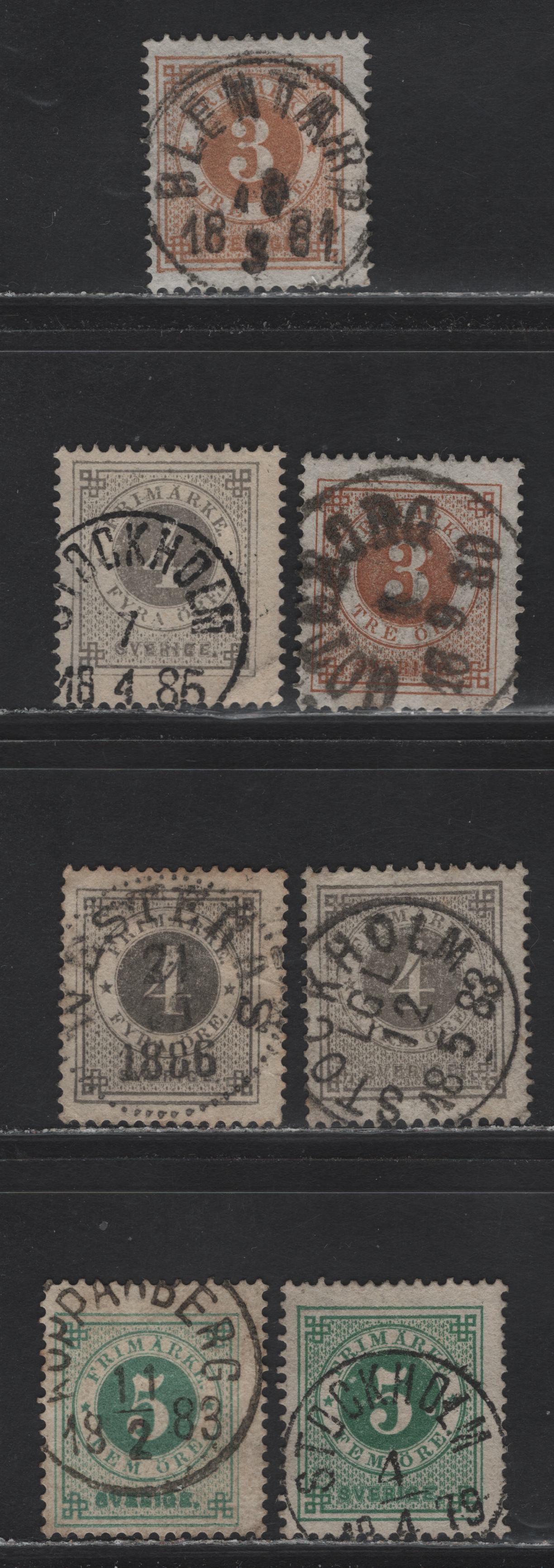 Lot 151 Sweden (C) SC#28-30 3o - 5o Yellow Brown - Dark Green Numeral, 1877-1879 Numeral Issue, 3 Fine/Very Fine Used Singles, Perf 13, SON Town Cancels, One 4o With A Thin.