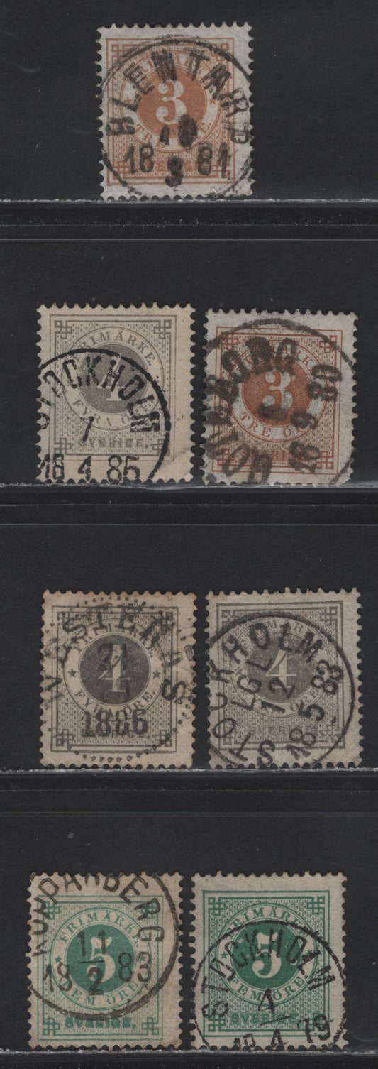 Lot 151 Sweden (C) SC#28-30 3o - 5o Yellow Brown - Dark Green Numeral, 1877-1879 Numeral Issue, 3 Fine/Very Fine Used Singles, Perf 13, SON Town Cancels, One 4o With A Thin.