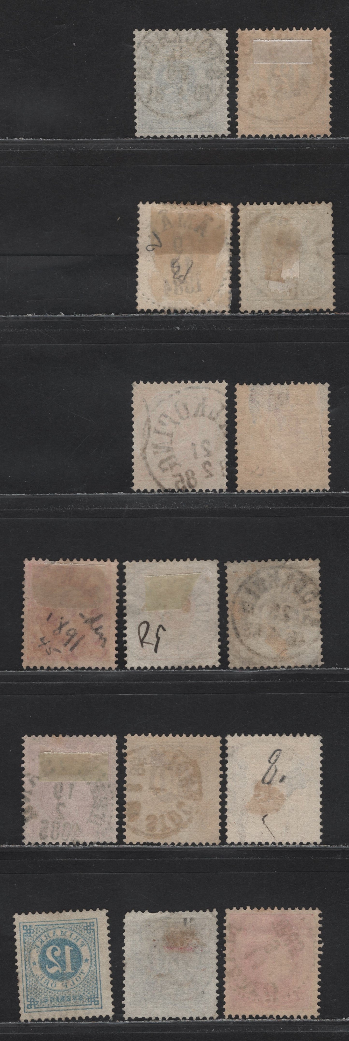 Lot 154 Sweden (C) SC#32-33, 39, 35 10o - 30o Dull Rose - Brown Numeral, 1877-1879 Numeral Issue, 15 Fine/Very Fine Used Singles, Perf 13, SON CDS Town Cancels