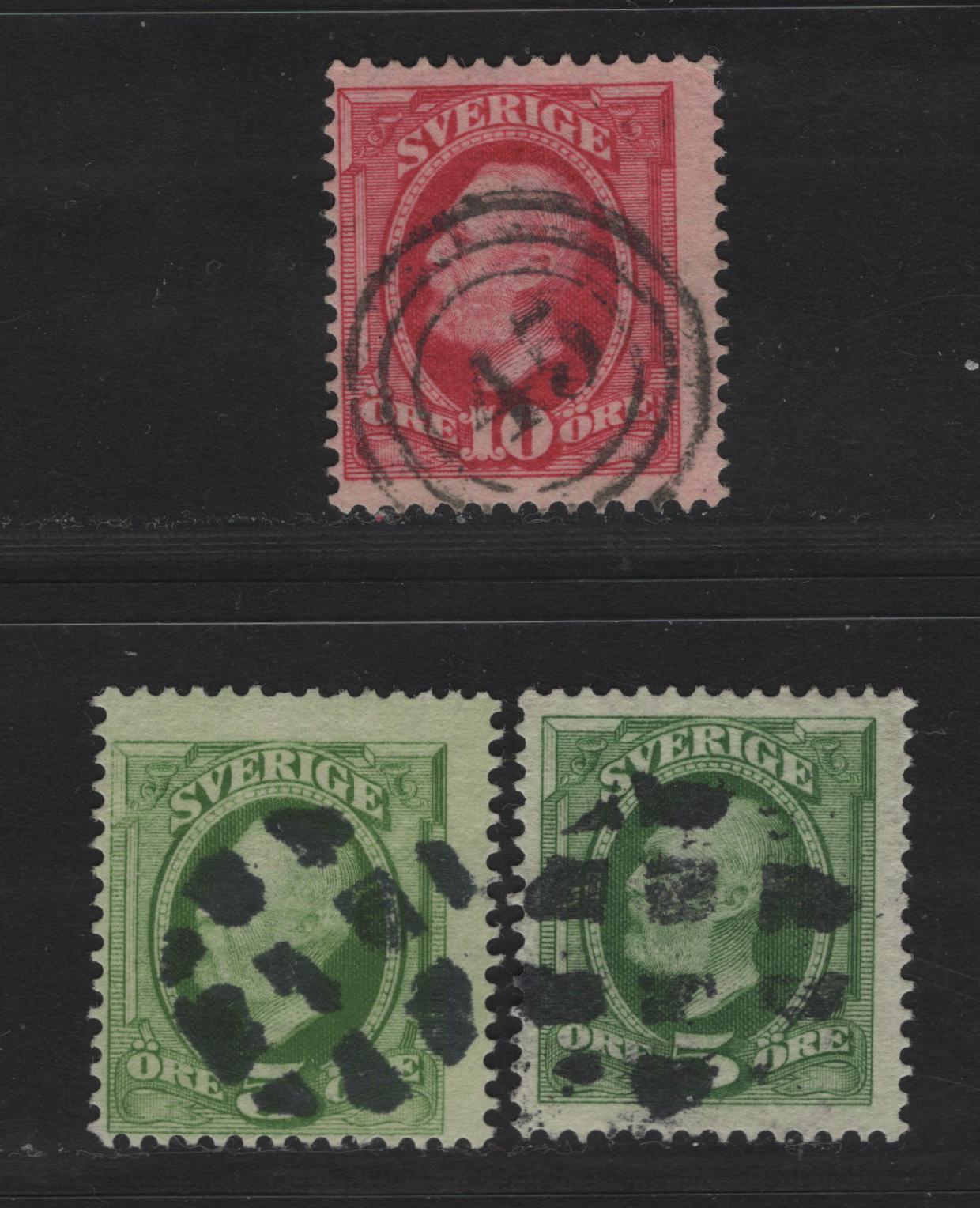 Lot 155C Sweden (C) SC#56, 58 5o - 10o Yellow Green - Carmine King Oscar II, 1891-1904 King Oscar II Issue, 3 Fine/Very Fine Used Singles, 3 Ring #45 Cancel For Helingsberg & Segmented Cork Cancels
