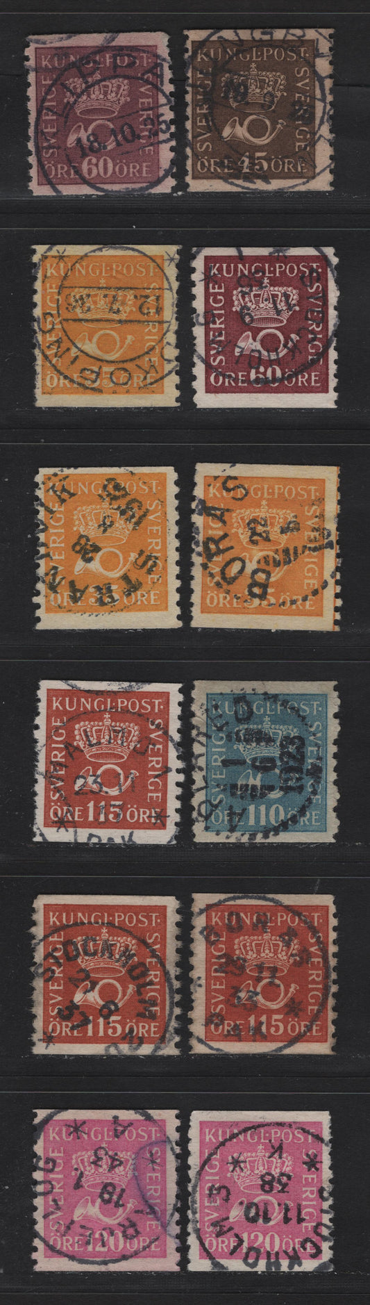 Lot 155I Sweden SC#147/157 45o - 120o Brown - Lilac - Rose Crown & Posthorn, 1920-1934 Crown & Posthorn Issue, 12 Fine/Very Fine Used Singles, SON Town Cancels