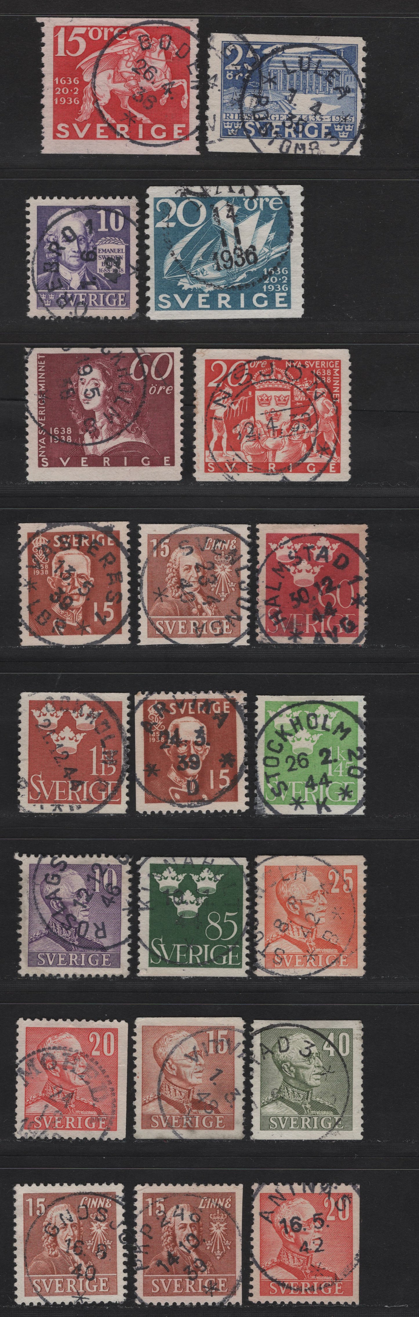 Lot 155J Sweden SC#245/307 25o - 40o Ultramarine - Olive Green King Gustav V, 1935-1942 Swedish Parliament - King Gustav V Issues, 21 F/VF Used Singles, CDS Town Cancels