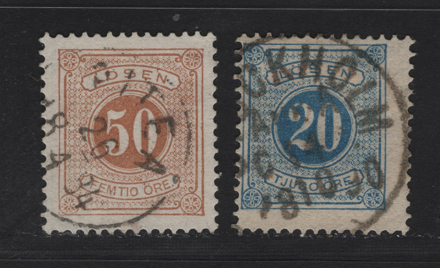 Lot 156 Sweden (C) SC#J17, J21 20o - 50o Pale Blue - Yellow Numeral, 1877-1886 Postage Due Issue, 2 Fine/Very Fine Used Singles, Perf 13, SON Stockholm & Pitea CDS Cancels