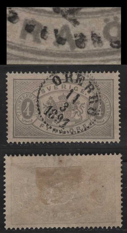 Lot 163 Sweden (C) Facit#TJ13Av3 (SC# O14a) 4o Gray Official, 1881-1896 Official Issue, A Very Fine Used Single, Perf 13, Showing Extended 'A' in 'Fyra', SON March 3 1891 Orebro Cancel.
