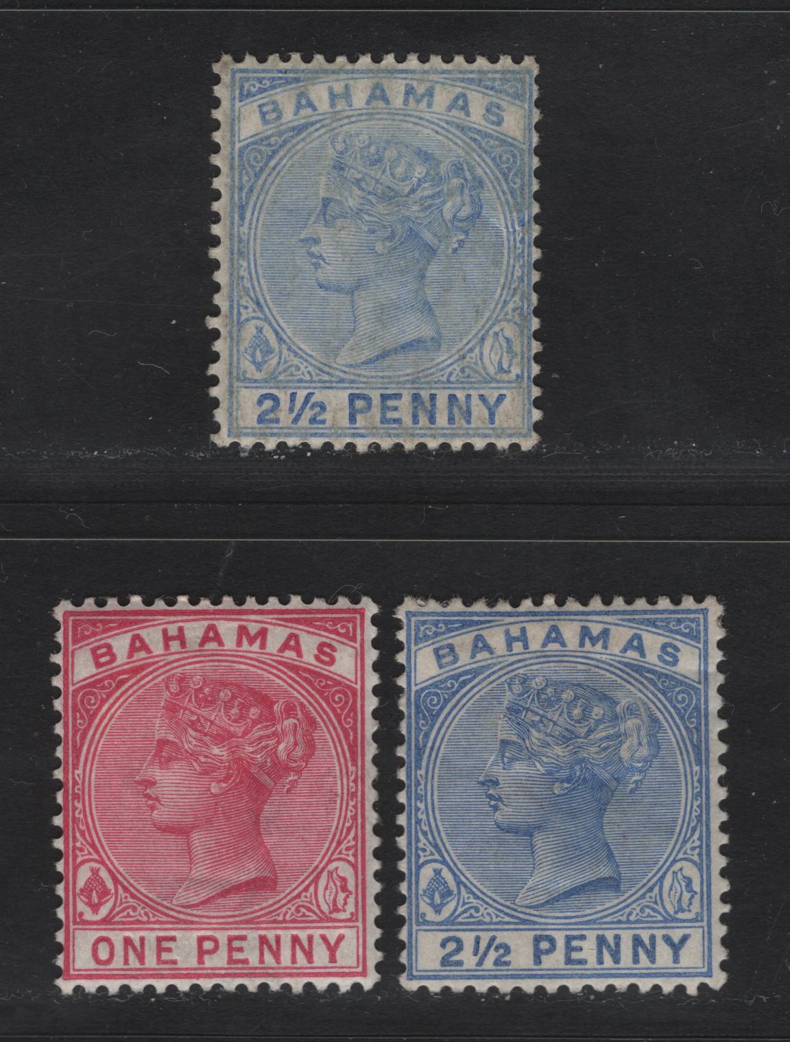 Lot 17 Bahamas SG#49-51 1d - 2.5d Bright Aniline Carmine - Blue Queen Victoria, 1884-1890 Queen Victoria Issue, 3 F/VFOG Singles, De La Rue Printing