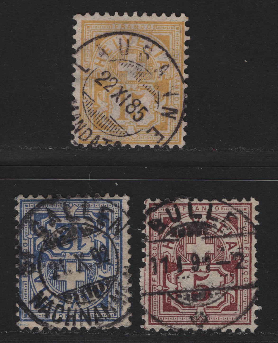 Lot 173 Switzerland SC#71b, 74c, 75 5c - 15c Brownish Lilac - Yellow Cross & Numeral, 1882-1899 Cross & Numeral Issue, 3 Fine/Very Fine Used Singles, Wmk 182, Type 1, Granite Paper With SON Bulle, Lawsarne & St Gallen CDS Cancels.