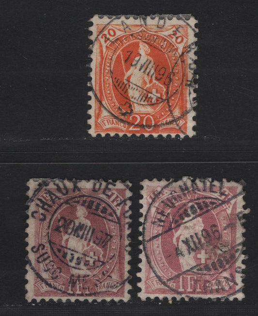 Lot 177 Switzerland SC#82c, 87c 20c - 1fr Orange - Claret Standing Helvetia, 1891-1903 Standing Helvetia Issue, 2 Fine Used Singles, Perf 11.5x11, Wmk 182, Type 2, SON Neuchatel, Lander & Chaux de… CDS Cancels.