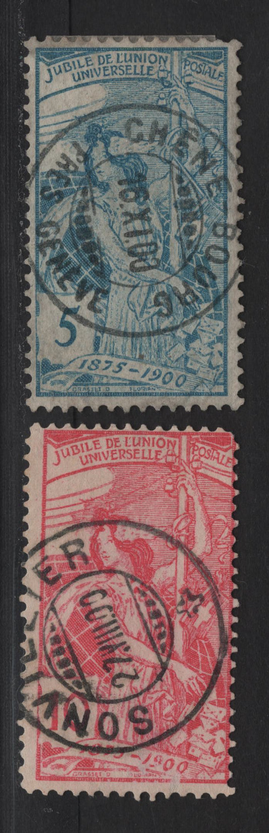 Lot 179 Switzerland SC#98-99 5c - 10c Blue - Carmine Rose UPU, 1900 UPU Issue, 2 Fine/Very Fine Used Singles, SON Sonvielter & Cheneburg Cancels