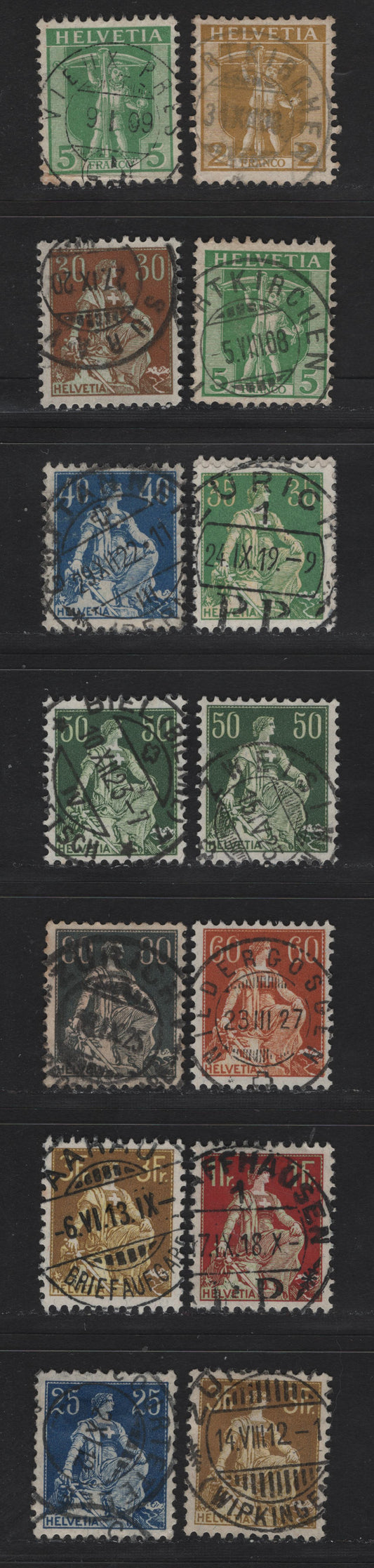 Lot 180 Switzerland SC#126, 128, 133-135, 137, 139-140, 143-145 2c - 3fr Pale Bistre - Bistre & Yellow William Tell & Helvetia, 1907-1925 William Tell & Helvetia Issue, 14 Very Fine Used Singles, SON Town Cancels