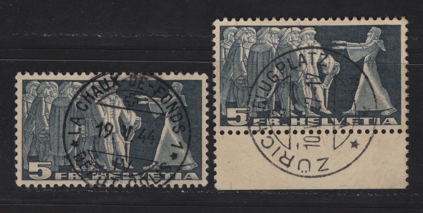 Lot 185 Switzerland SC#245 5fr Slate Blue on Greenish Paper Symbolic Design, 1938 Symbolic Design Issue, 2 Very Fine Used Singles, SON May 10 1947 Zurich & May 19 1944 La Chaux de Fonds Cancels