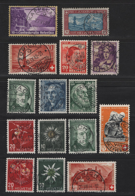 Lot 186A Switzerland SC#B51, B66, B90, B101, B115, B118, B120-B121, B126-B128, B135, B138-B139 20c - 20c+5c Brown, Garnet & Blue - Red, Yellow & Gray, 1929-1944 Semi Postal Issues, 15 Very Fine Used Singles, SON Cancels