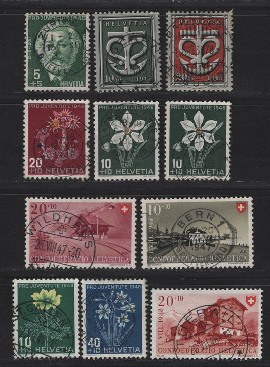 Lot 187 Switzerland SC#B141-B142, B150, B159-B160, B163-B164, B176, B182, B188 10c+10c Multicolored - Green Gray & Yellow , 1945-1949 Semi Postal Issues, 11 Very Fine Used Singles, SON Cancels