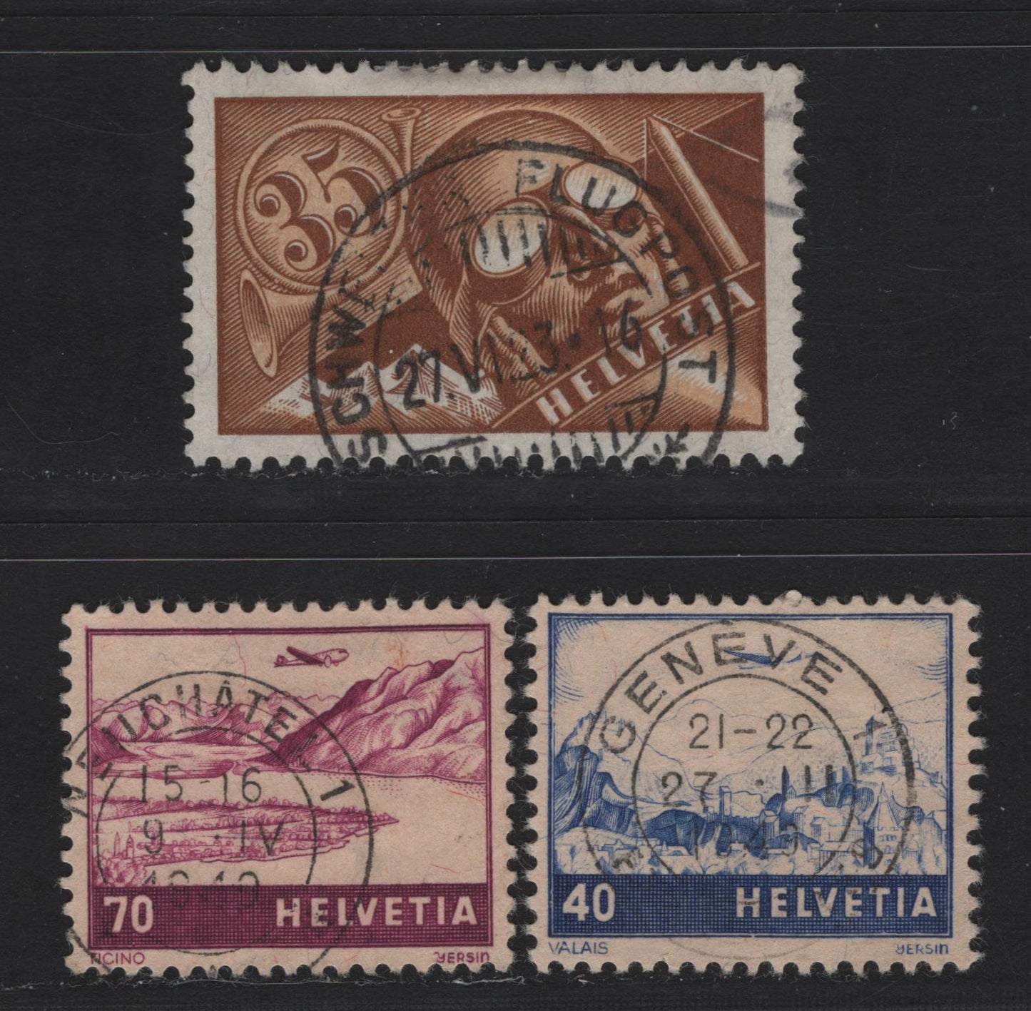 Lot 188 Switzerland SC#C6, C31, C44 35c - 40c Brown & Buff - Deep Ultramarine , 1923-1948 Airmail Issues, 3 Very Fine Used Singles, SON 1923, 1940 & 1949 Cancels