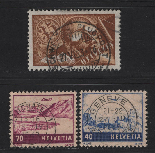 Lot 188 Switzerland SC#C6, C31, C44 35c - 40c Brown & Buff - Deep Ultramarine , 1923-1948 Airmail Issues, 3 Very Fine Used Singles, SON 1923, 1940 & 1949 Cancels
