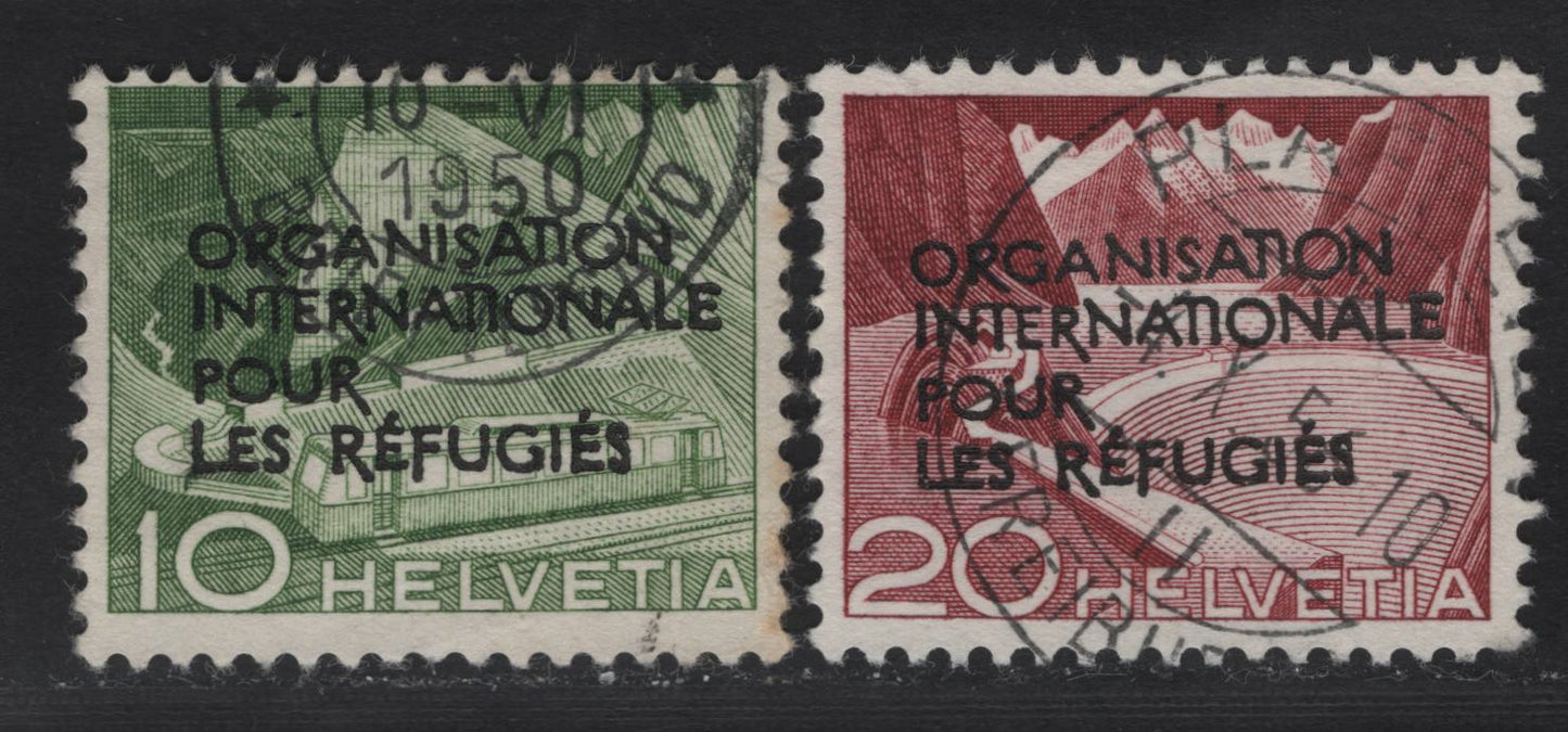 Lot 190 Switzerland SC#602-603 10c - 20c Yellow Green - Brown Carmine , 1950 Int'l Organization of Refugee's Overprinted Issue, 2 Very Fine Used Singles, SON Cancels & Partial CDS Cancels That Lie On Top Of The Overprints