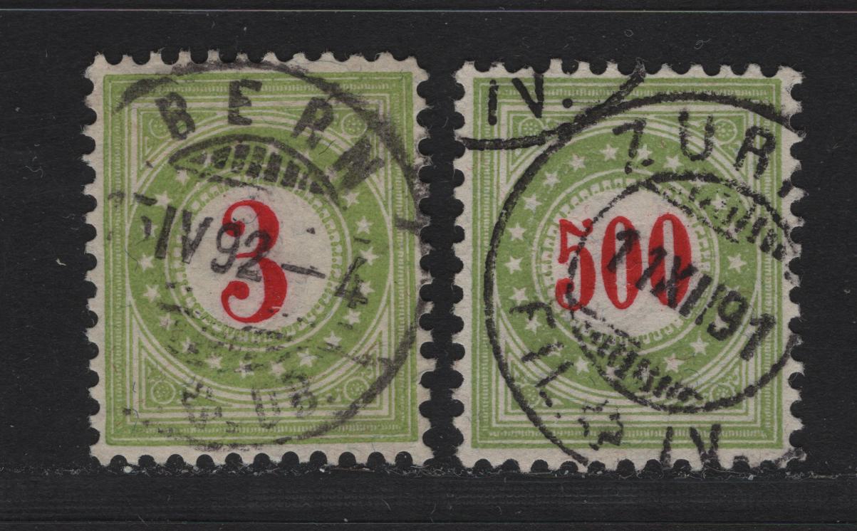 Lot 196 Switzerland SC#J22D, J28D 3c - 50c Light Green & Red Numeral, 1884-1888 Postage Due, 2 Very Fine Used Singles, Type II Normal Frame, Wmk 182 Type 1, SON April 3 1892 & December 11 1891 Bern & Zurich CDS Cancel.