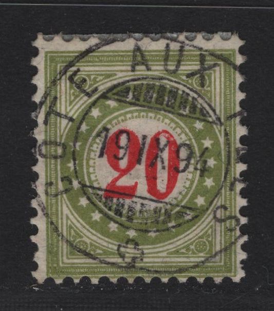 Lot 198 Switzerland SC#J25f 20c Olive Green & Red Numeral, 1884-1888 Postage Due, A Very Fine Used Single, Type 2 Inverted Frame, SON September 19 1894 Cote-Aux-Fe'es Cancel