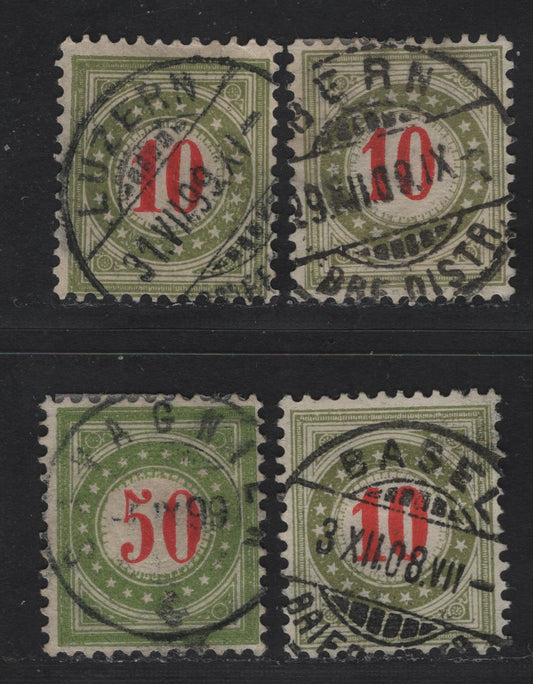 Lot 199 Switzerland SC#J26G, J24H, J24Hi 50c - 10c Bright Red & Light Olive Green - Dark Olive Green & Bright Red Numeral, 1884-1888 Postage Due, 4 Fine/Very Fine Used Singles, Type 2 Normal & Inverted Frames, SON Dated CDS Cancels Between 1899 & 1908