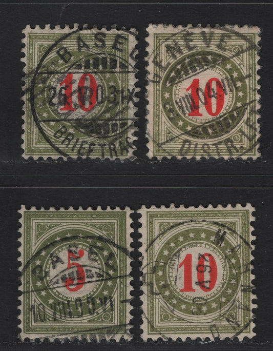 Lot 200 Switzerland SC#J32H, J24H 5c - 10c Dark Olive Green & Bright Red Numeral, 1884-1905 Postage Dues, 4 Very Fine Used Singles, Type 2 Normal Frames, SON Geneva, Basel & marnano CDS Cancels Dated Between 1900 & 1904
