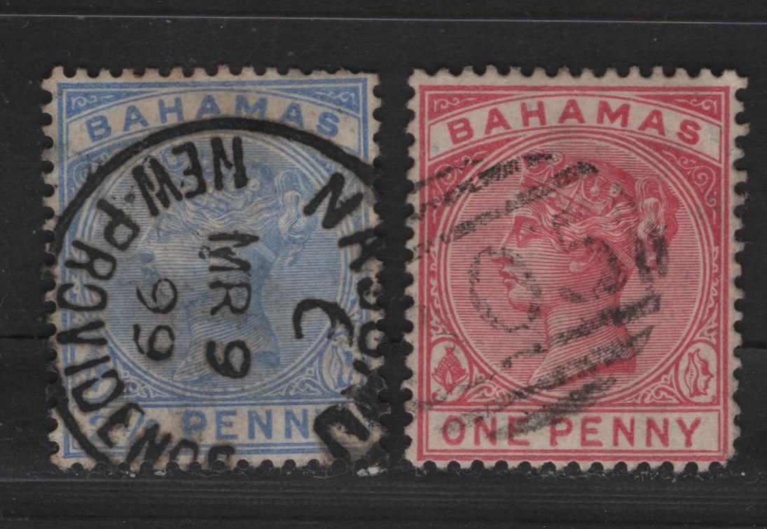 Lot 20 Bahamas SG#48, 50 1d - 2.5d Rose Carmine - Dull Blue Queen Victoria, 1884-1890 Queen Victoria Issue, 2 Very Fine Used Singles, SON AO5 & New Providence Nassau CDS Cancels
