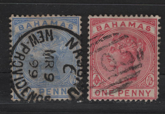 Lot 20 Bahamas SG#48, 50 1d - 2.5d Rose Carmine - Dull Blue Queen Victoria, 1884-1890 Queen Victoria Issue, 2 Very Fine Used Singles, SON AO5 & New Providence Nassau CDS Cancels