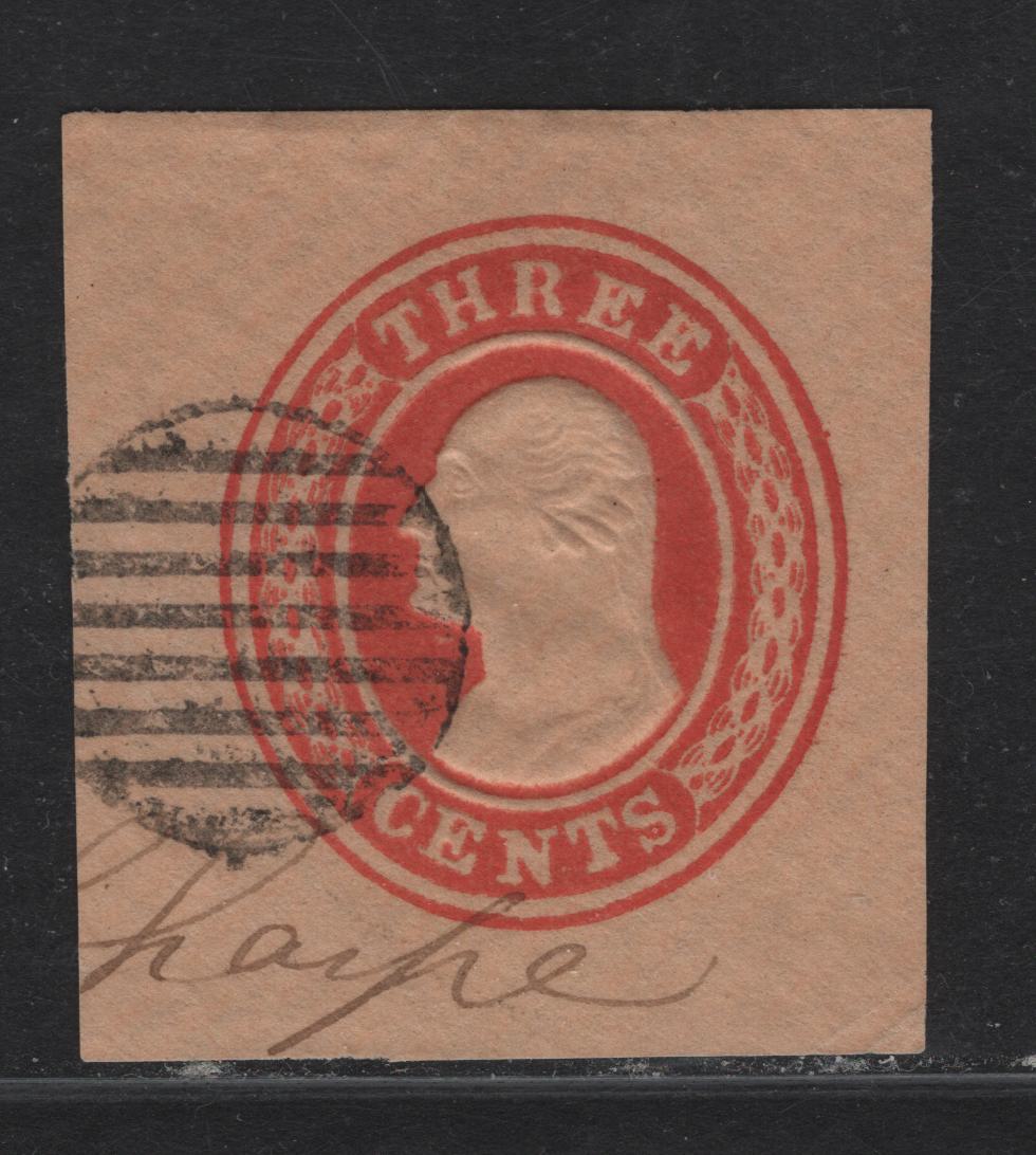 United States SC#U10 3c Red Washington, 1853-1855 First Nesbitt Issue, A Very Fine Used Cut Square, Nice Circular 8-Bar Grid Cancel