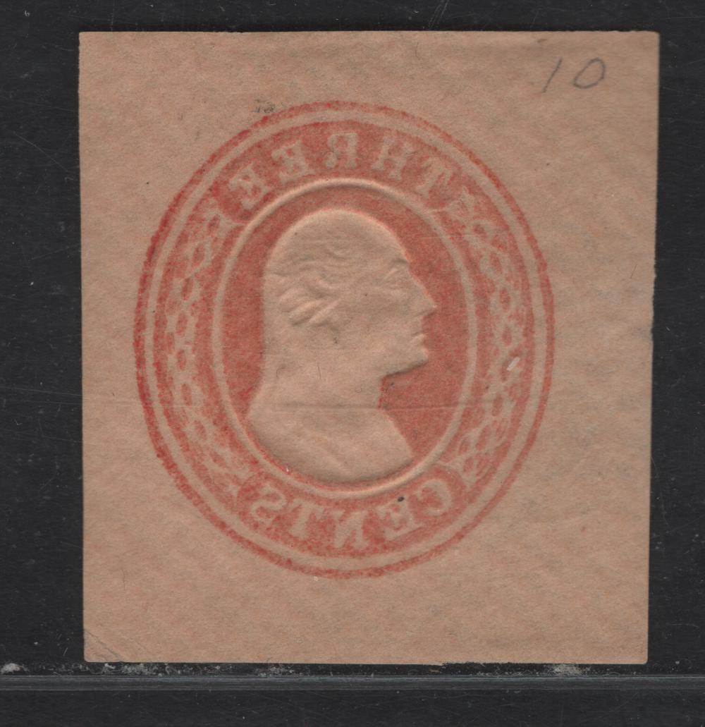 United States SC#U10 3c Red Washington, 1853-1855 First Nesbitt Issue, A Very Fine Used Cut Square, Nice Circular 8-Bar Grid Cancel