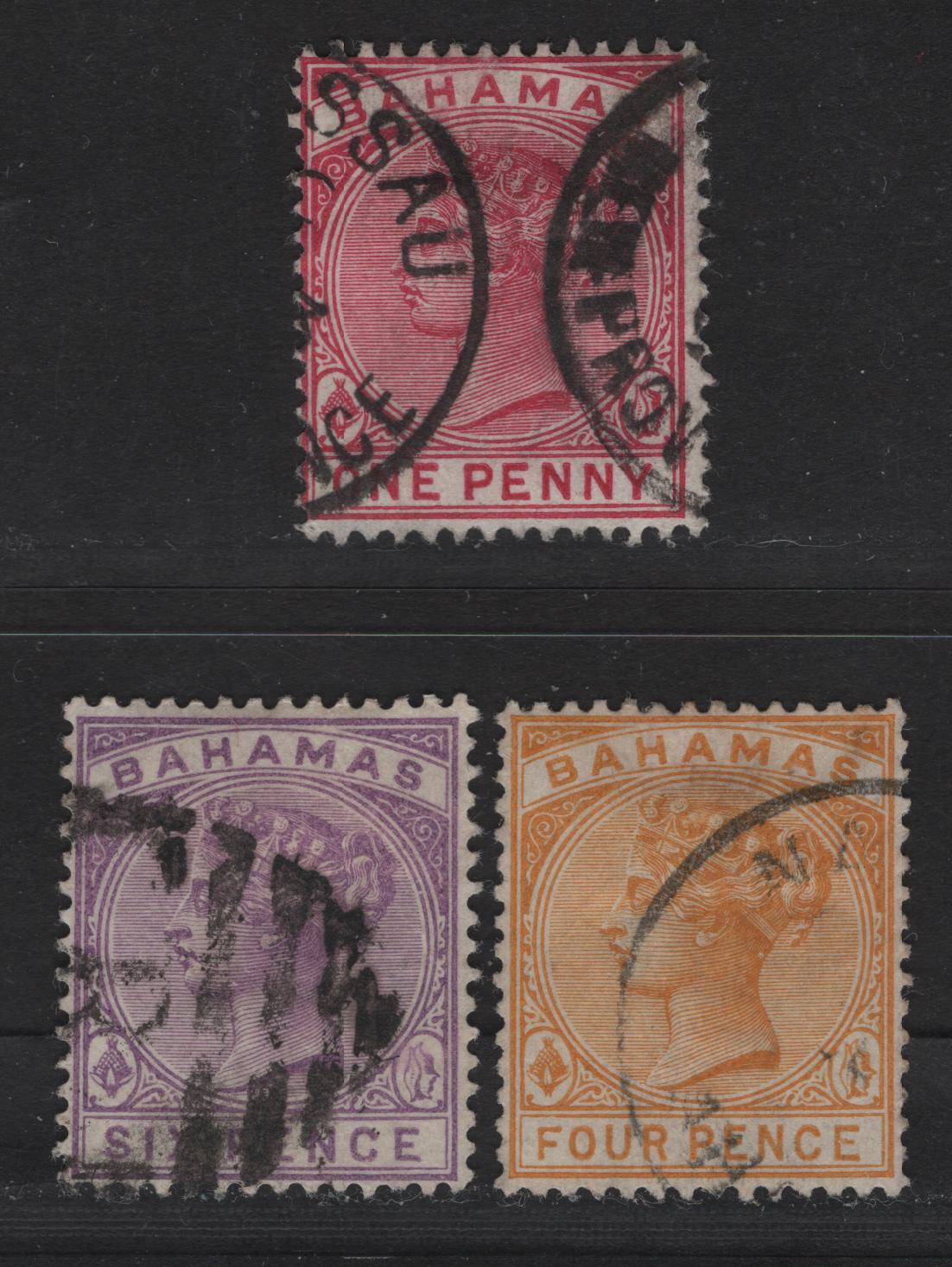 Lot 21 Bahamas SG#49, 53-54 1d - 6d Bright Aniline Carmine - Mauve Queen Victoria, 1884-1890 Queen Victoria Issue, 3 Fine/Very Fine Used Singles, De La Rue Keyplates