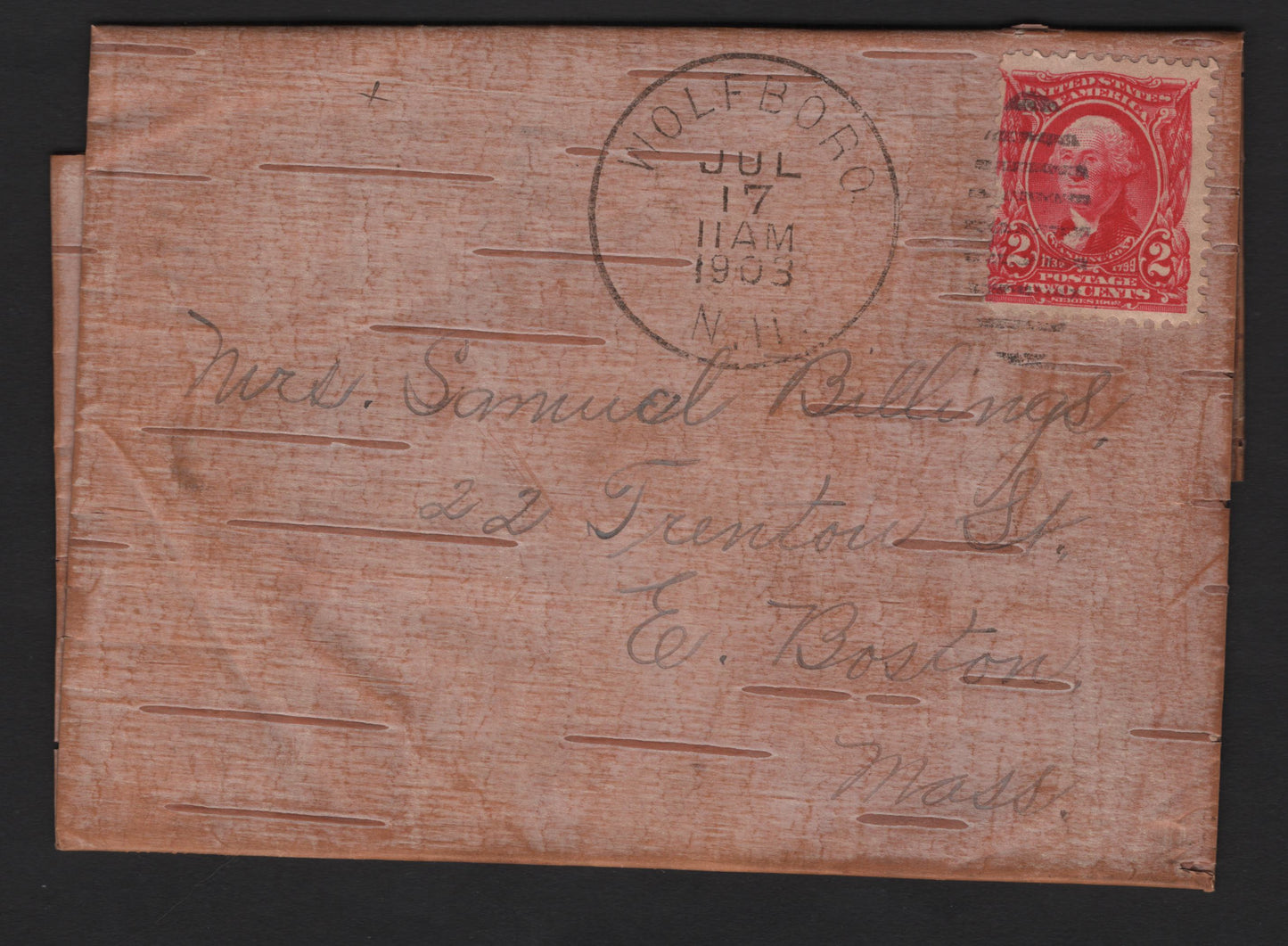 Lot 215 United States SC#301 2c Carmine Washington, 1902-1903 2nd Bureau Issue, A Very Fine Used Cover, Tree Bark Paper, Sent July 17 1903 From Wolfboro, NH