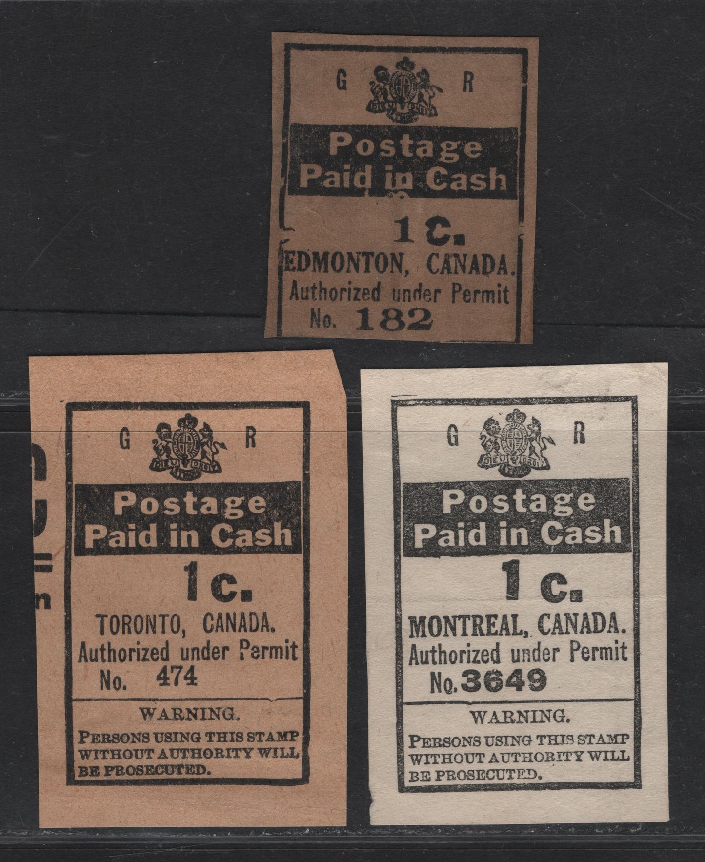 Lot 217 Canada (C) King George V, Paid In Cash Receipts, 3 Very Fine Mint Booklets, Two Of Which Show The Warning To Not Use Without Authorization, All Three Show Different Fonts For The '1c' Text