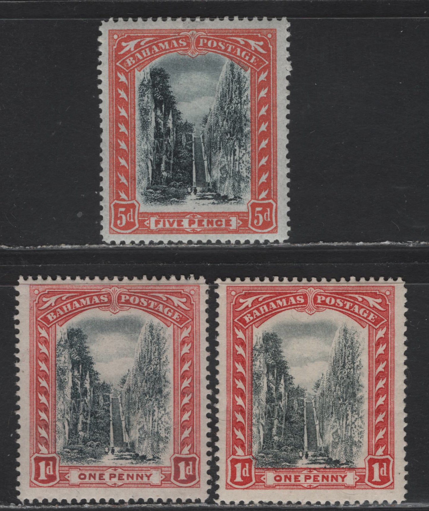 Lot 22 Bahamas SG#58-59, 75 1d - 5d Black & Red - Black & Orange Queen's Staircase, 1901-1919 Queen's Staircase Issue, 3 F/VFOG Singles, Crown CC & Multiple Crown CA Wmks