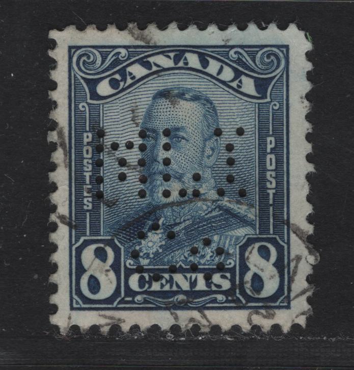 Lot 221 Canada (C)#154 8c Dark Blue King George V - Harvesting Wheat, 1928-1929 Scroll Issue, A Very Fine Used Single, Ottawa Metropolitan Life Insurance Company Perfin, Pos. 1