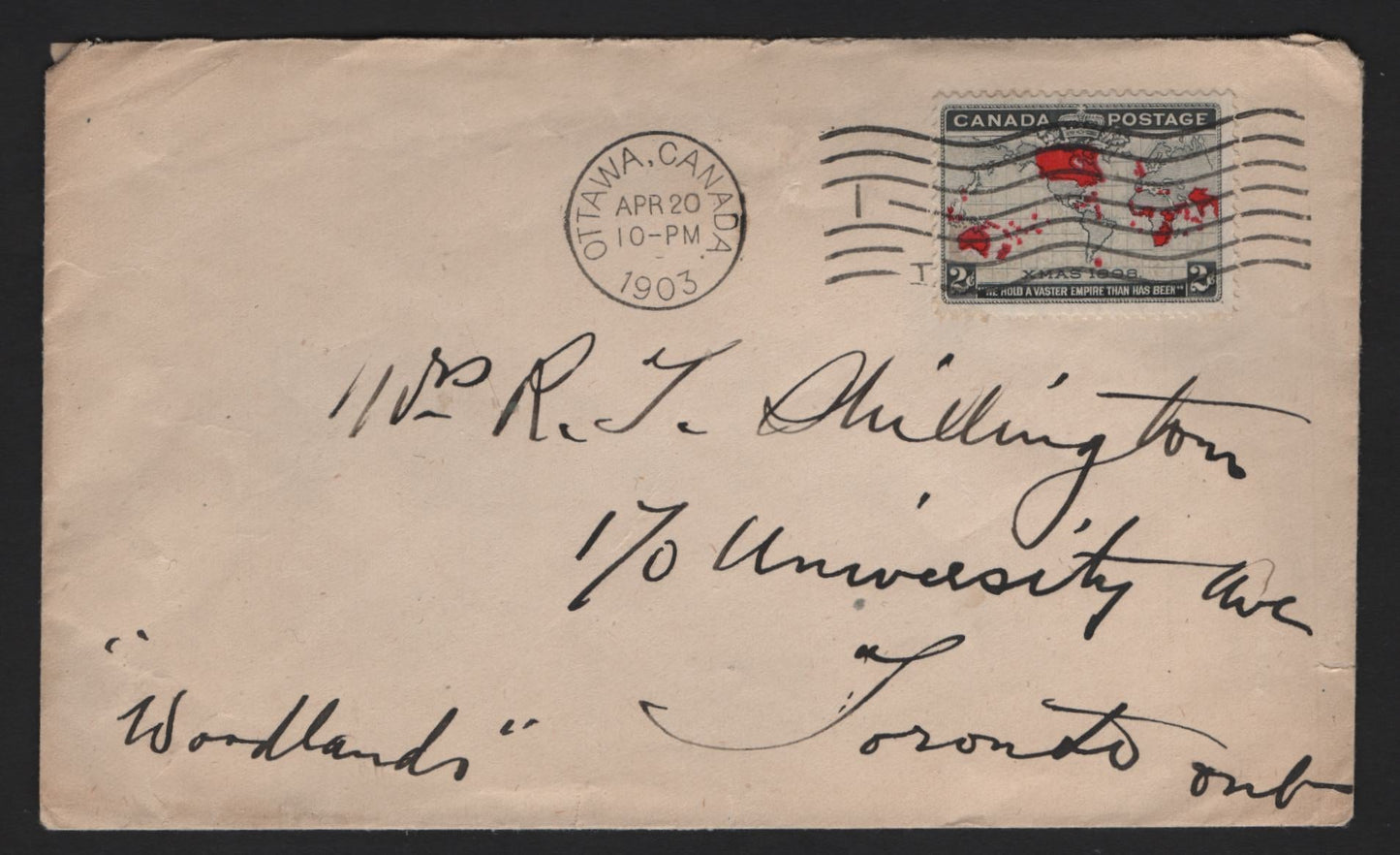 Lot 231 Canada #85i 2c Black, Grey & Bright Aniline Red Mercator's Projection, 1898 Imperial Penny Postage Issue, A Fine Domestic Cover Franked With A Single, 1903 Ottawa Machine Cancel