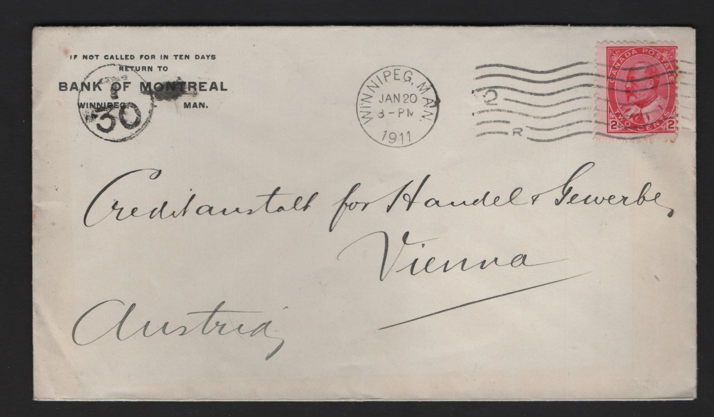 Lot 238 Canada #90 2c Carmine Rose King Edward VII, 1903-1911 King Edward VII Issue, A VF Postage Due Cover To Vienna Rated "T30" Corresponding to 30 Heller, No Backstamps