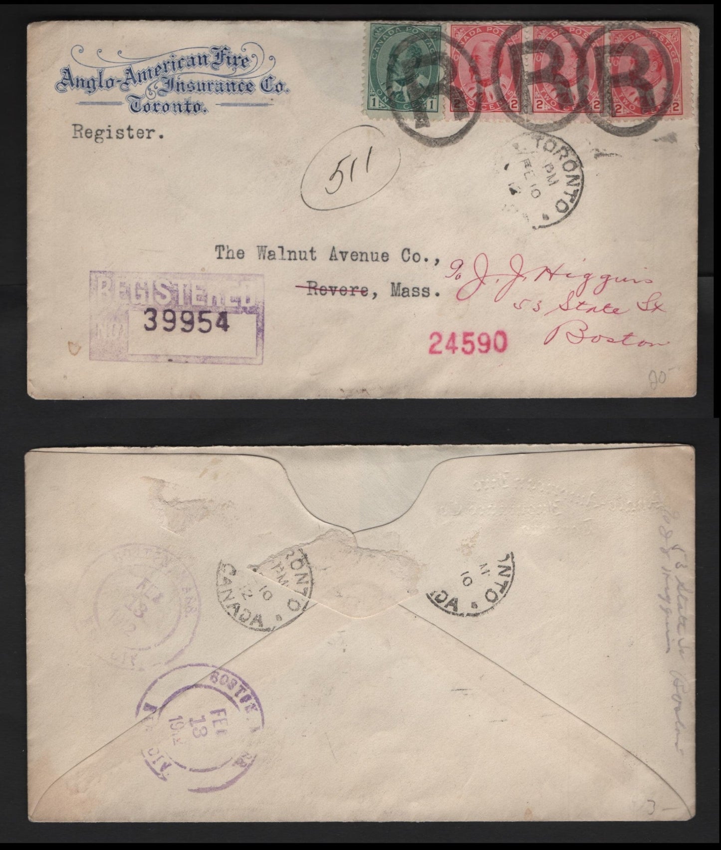 Lot 239 Canada #89i, 90i 1c-2c Deep Green & Rose Carmine King Edward VII, 1903-1911 King Edward VII Issue, A Fine Registered Domestic Cover Franked With Three 2c & One 1c Stamps, Tied With Oval "R" Cancels, Backflap Missing