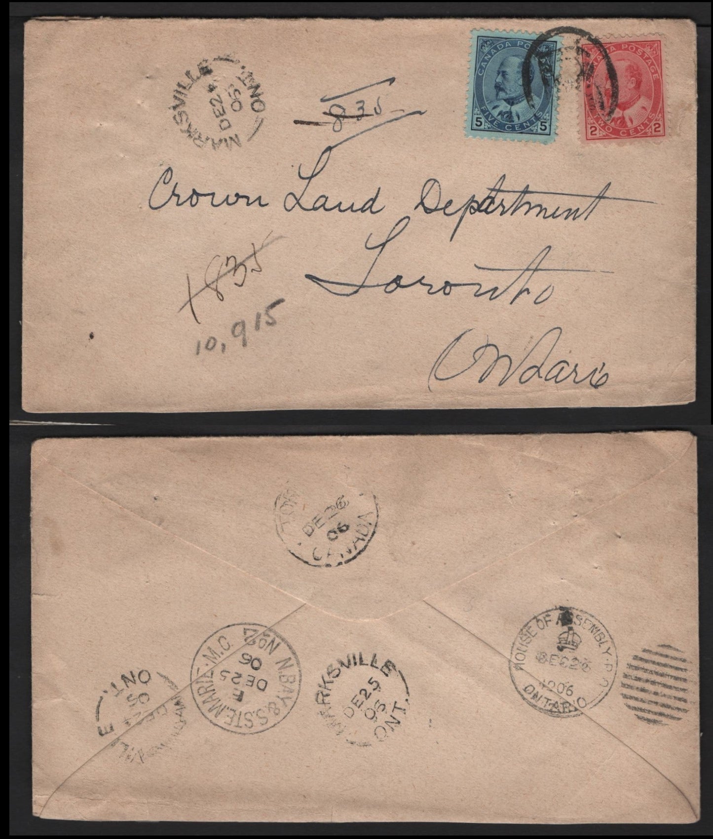 Lot 241 Canada #90-91 2c, 5c Carmine Rose & Blue on Bluish King Edward VII, 1903-1911 King Edward VII Issue, A Fine Registered Domestic Cover Multiple Backstamps Incl. House Of Assembly, Marksville ON Split Ring & North Bay & Ste Marie RPO