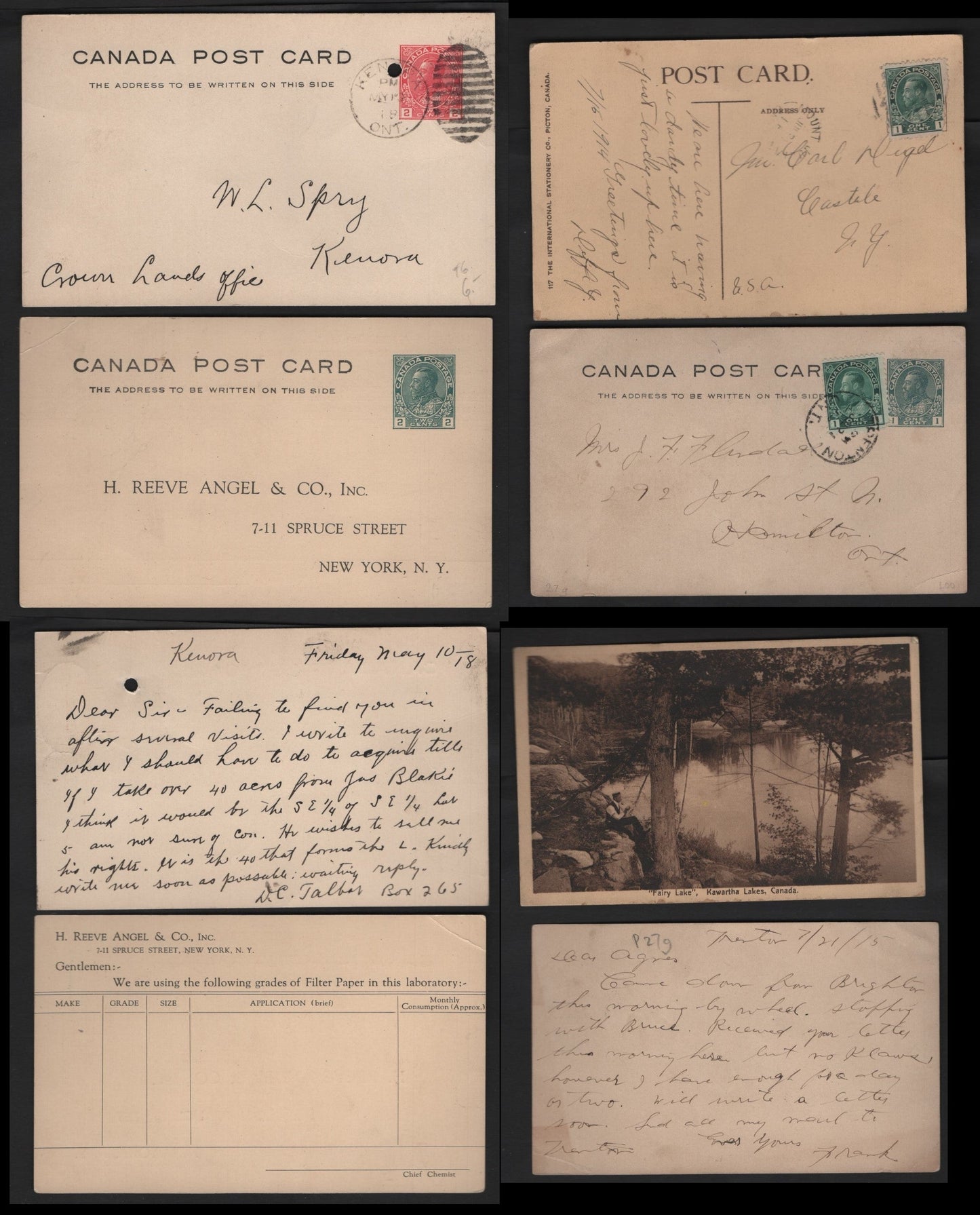 Lot 246 Canada #UX27f, UX33d, UX34d 1c-2c Green & Carmine King George V, 1912-1929 Admiral Issue, 4 VG-F Postcards 1c Type 6, Die 1a, 2c Die 1, Corner Creases On Green Cards, Picture Is "Fairy Lake", Kawartha Lakes
